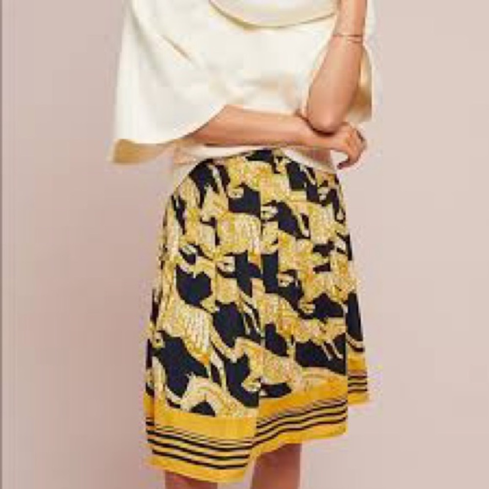 Maeve Anthropologie Yellow Black Pegasus Animal Print Pleated Skirt Size 8